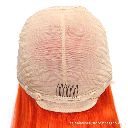 Silky Straight machine made wig Orange hair vendors brazilian human hair lace wig short bob with bang for black women